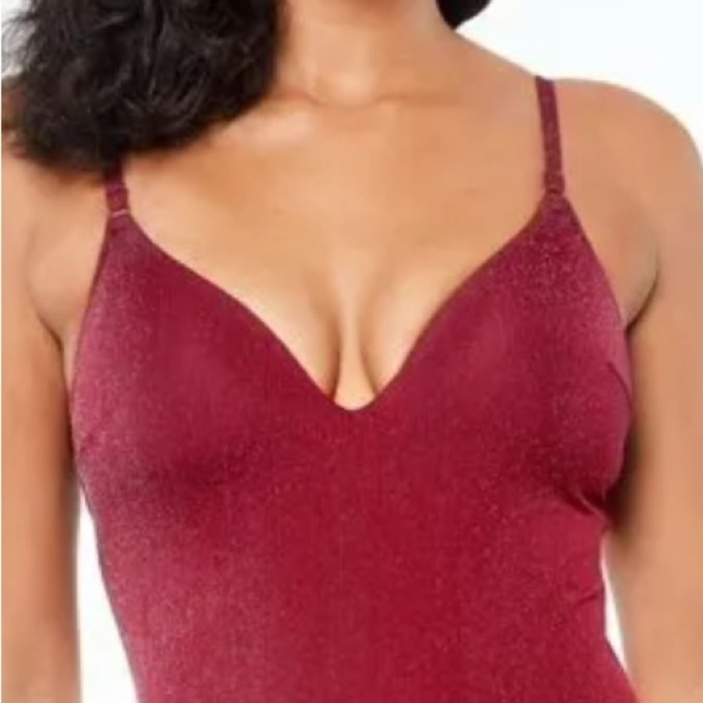 Bar III BLACKBERRY Shimmer Strappy-Leg One-Piece Swimsuit - Picture 4 of 11